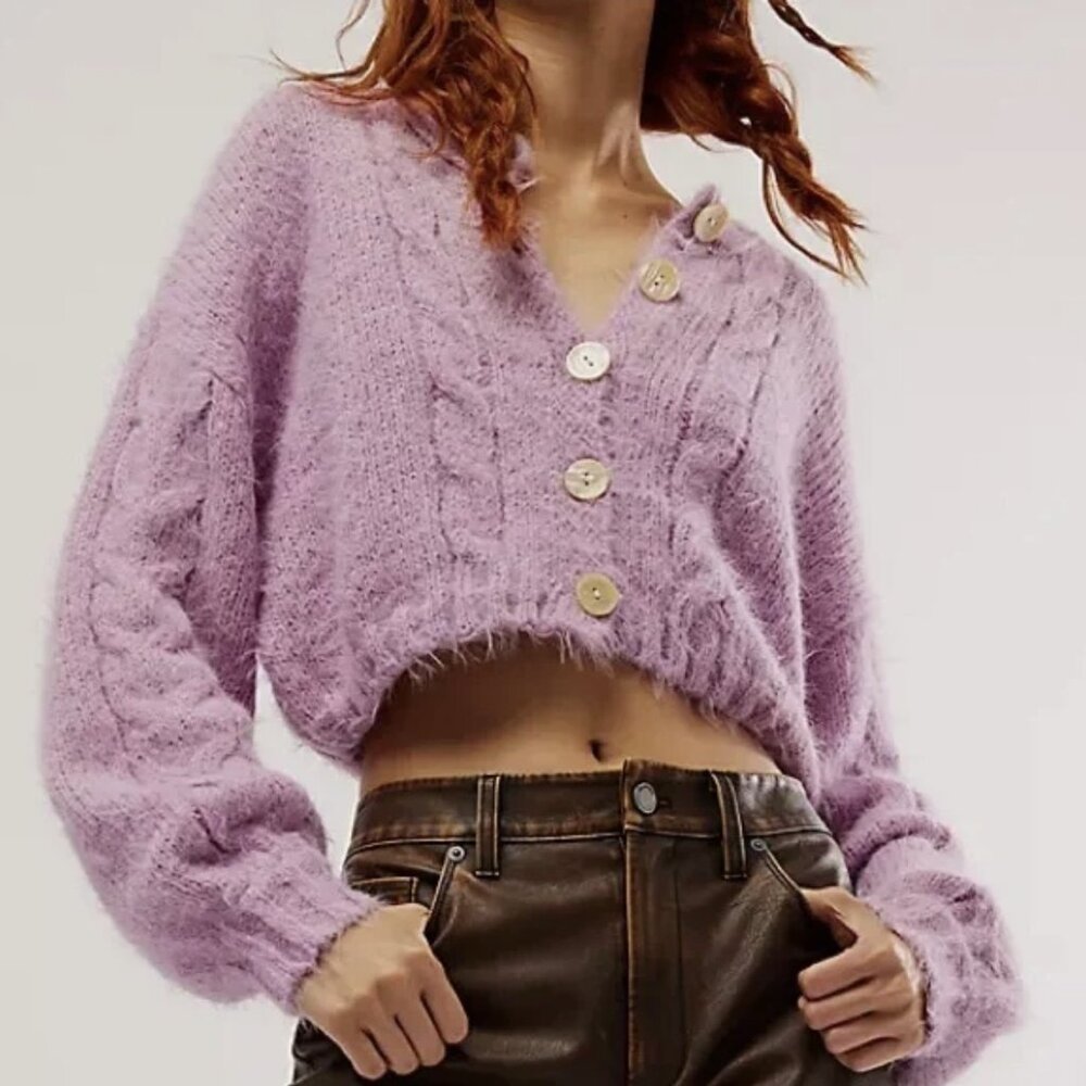 Free People Willow Cardi Cardigan Sweater in Fragrant Lilac Combo, Size L, NWT